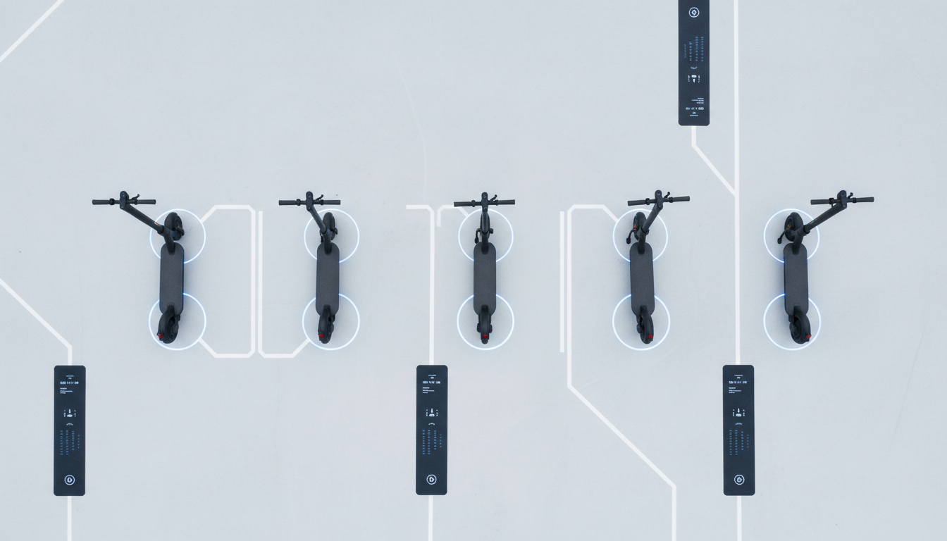 An overhead view of a neat row of matte charcoal electric scooters lined up in a designated smart parking zone, each parked precisely on individual charging pads integrated into a smooth, pale pavement. The surroundings feature subtle markings for navigation and a few low-profile digital signage panels embedded in the ground. Diffused daylight produces consistently soft shadows and highlights, contributing to a sense of order and modernity. The bird’s-eye angle provides a clear, structured layout, highlighting efficient space usage and clean organization. The mood is orderly and forward-thinking, visually reinforcing the platform’s intelligent, systematized approach. The overall style is photographic, minimalist, and unmistakably professional.