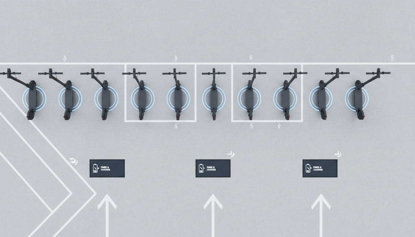 An overhead view of a neat row of matte charcoal electric scooters lined up in a designated smart parking zone, each parked precisely on individual charging pads integrated into a smooth, pale pavement. The surroundings feature subtle markings for navigation and a few low-profile digital signage panels embedded in the ground. Diffused daylight produces consistently soft shadows and highlights, contributing to a sense of order and modernity. The bird’s-eye angle provides a clear, structured layout, highlighting efficient space usage and clean organization. The mood is orderly and forward-thinking, visually reinforcing the platform’s intelligent, systematized approach. The overall style is photographic, minimalist, and unmistakably professional.