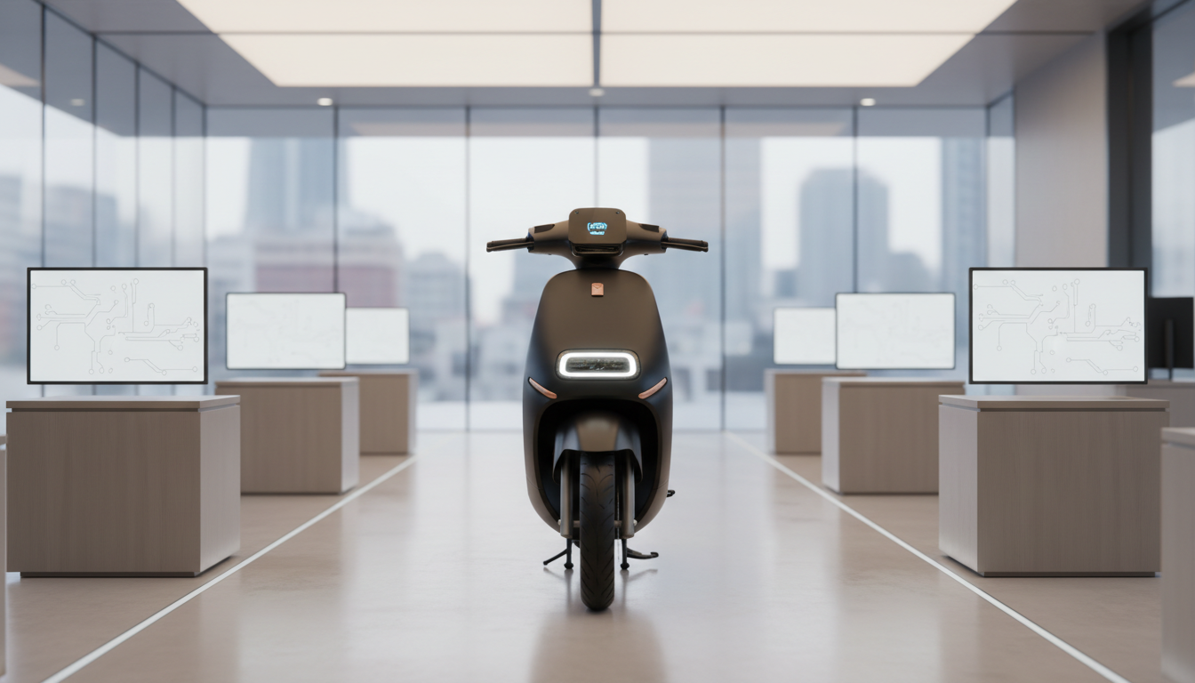 A sleek, matte black electric scooter with subtle metallic accents stands upright in the center of a modern showroom with glass walls. The scooter features a minimalist dashboard screen and integrated LED headlight, all designed with clean lines and a seamless finish. Surrounding the scooter are neutral-toned display pedestals and quietly illuminated IoT device panels, arranged in a structured layout on polished concrete floors. The scene is lit with soft, diffused ceiling lights that create gentle highlights on the scooter’s surfaces and faint reflections below. Captured at eye level with a centered, balanced composition, the overall effect is calm, corporate, and technologically sophisticated, emphasizing photographic realism and a professional store setting. The image conveys trust, innovation, and the smart future of transportation.