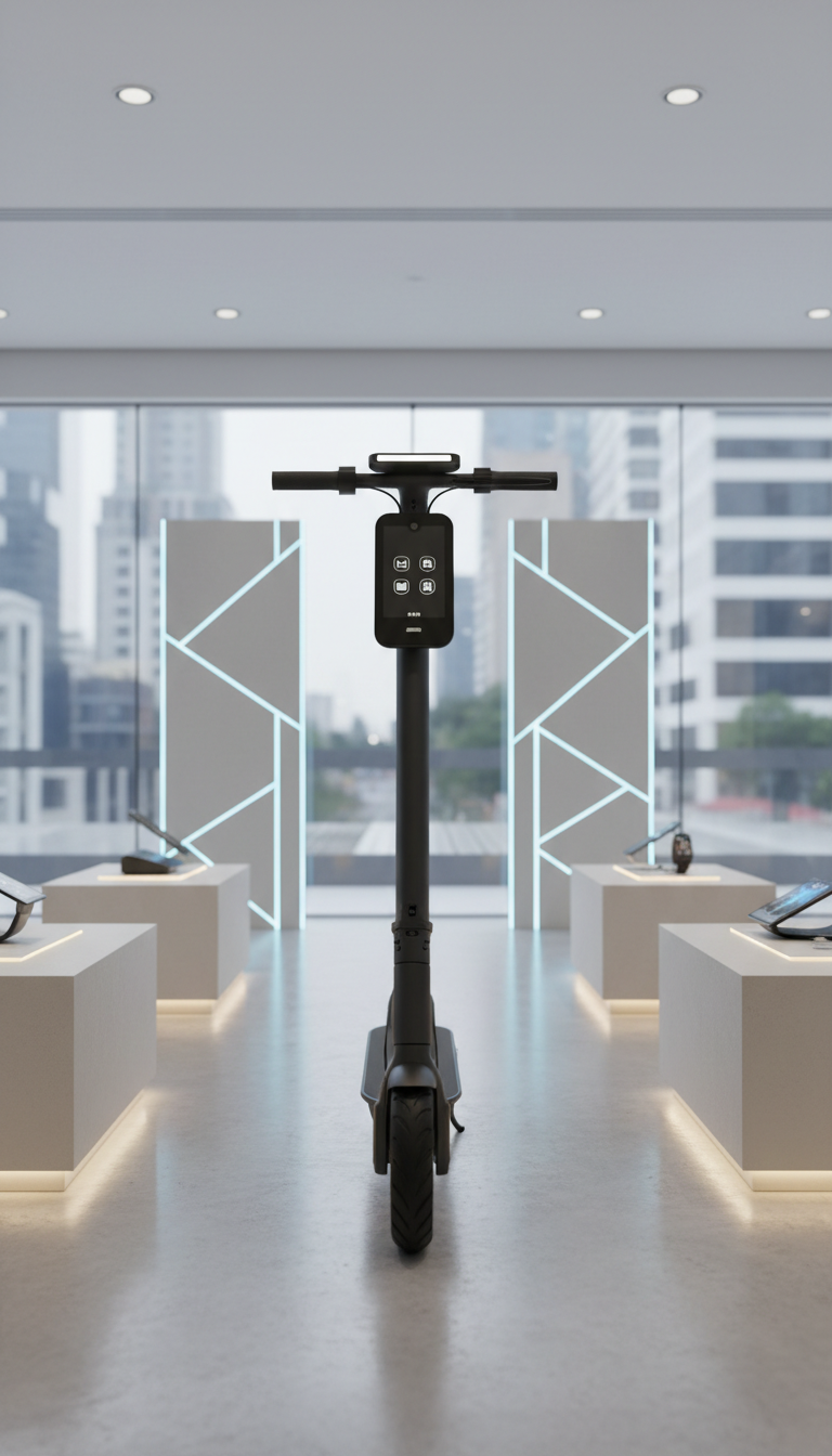 A sleek, matte black electric scooter with subtle metallic accents stands upright in the center of a modern showroom with glass walls. The scooter features a minimalist dashboard screen and integrated LED headlight, all designed with clean lines and a seamless finish. Surrounding the scooter are neutral-toned display pedestals and quietly illuminated IoT device panels, arranged in a structured layout on polished concrete floors. The scene is lit with soft, diffused ceiling lights that create gentle highlights on the scooter’s surfaces and faint reflections below. Captured at eye level with a centered, balanced composition, the overall effect is calm, corporate, and technologically sophisticated, emphasizing photographic realism and a professional store setting. The image conveys trust, innovation, and the smart future of transportation.