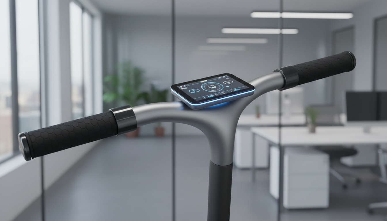 A close-up of an electric scooter’s ergonomic handlebar, crafted from matte aluminum with textured rubber grips and a futuristic embedded touchscreen control panel. The background is a blurred office environment with glass partitions and clean white workstations, maintaining a neutral color palette. Soft, indirect natural light filters through large windows, casting mild highlights and gentle shadows across the handlebar’s contours, emphasizing precision engineering. The composition uses shallow depth of field, with the controls in sharp focus and the minimalistic workspace subtly suggested behind. The mood is refined and detail-focused, communicating advanced technology. Photographic realism and a corporate, minimalist visual language dominate the image, echoing the platform’s innovative and smart operational ethos.