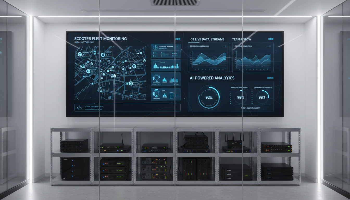 A high-detail dashboard interface displayed on a large, wall-mounted smart screen in a glass-walled control room. The digital UI features real-time scooter fleet monitoring, IoT live data streams, and AI-powered analytics presented with clean typography and cool blue accent colors. Below the screen, structured shelving houses network hardware and organized device controllers in neutral gray tones. Cool, soft white LED lighting fills the space, creating subtle reflections and a calm, calculated atmosphere. The image is shot from a frontal perspective, emphasizing clarity and structured order. The mood is analytical and secure, perfectly matching the professional, high-tech purpose of the platform. Artistic style is photographic with an emphasis on corporate efficiency and trust.