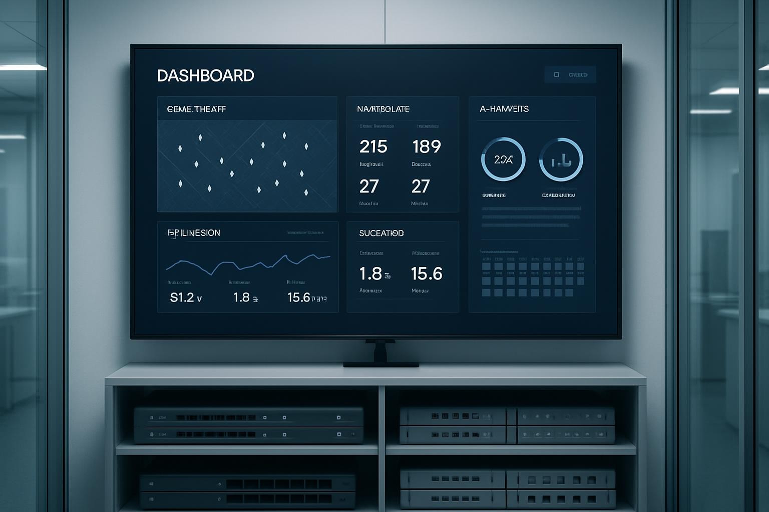 A high-detail dashboard interface displayed on a large, wall-mounted smart screen in a glass-walled control room. The digital UI features real-time scooter fleet monitoring, IoT live data streams, and AI-powered analytics presented with clean typography and cool blue accent colors. Below the screen, structured shelving houses network hardware and organized device controllers in neutral gray tones. Cool, soft white LED lighting fills the space, creating subtle reflections and a calm, calculated atmosphere. The image is shot from a frontal perspective, emphasizing clarity and structured order. The mood is analytical and secure, perfectly matching the professional, high-tech purpose of the platform. Artistic style is photographic with an emphasis on corporate efficiency and trust.